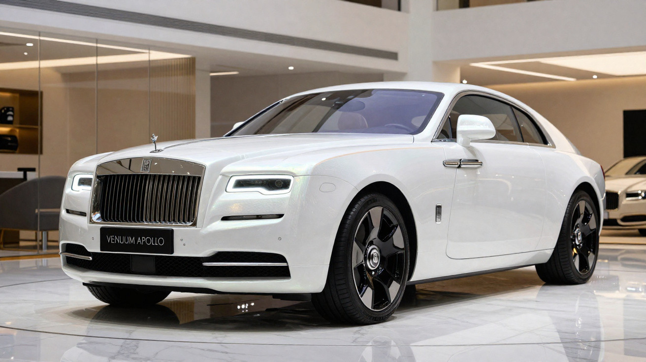 Carro branco de luxo Rolls-Royce Wenuum Apollo em exposição em ambiente interno moderno.