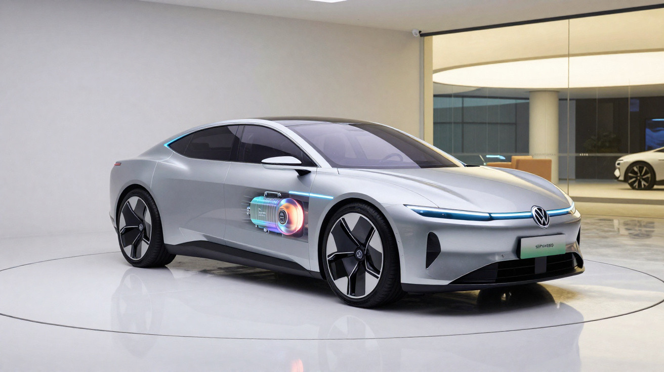 Carro elétrico prata da Volkswagen em ambiente interno com destaque para motor elétrico digitalizado na lateral.