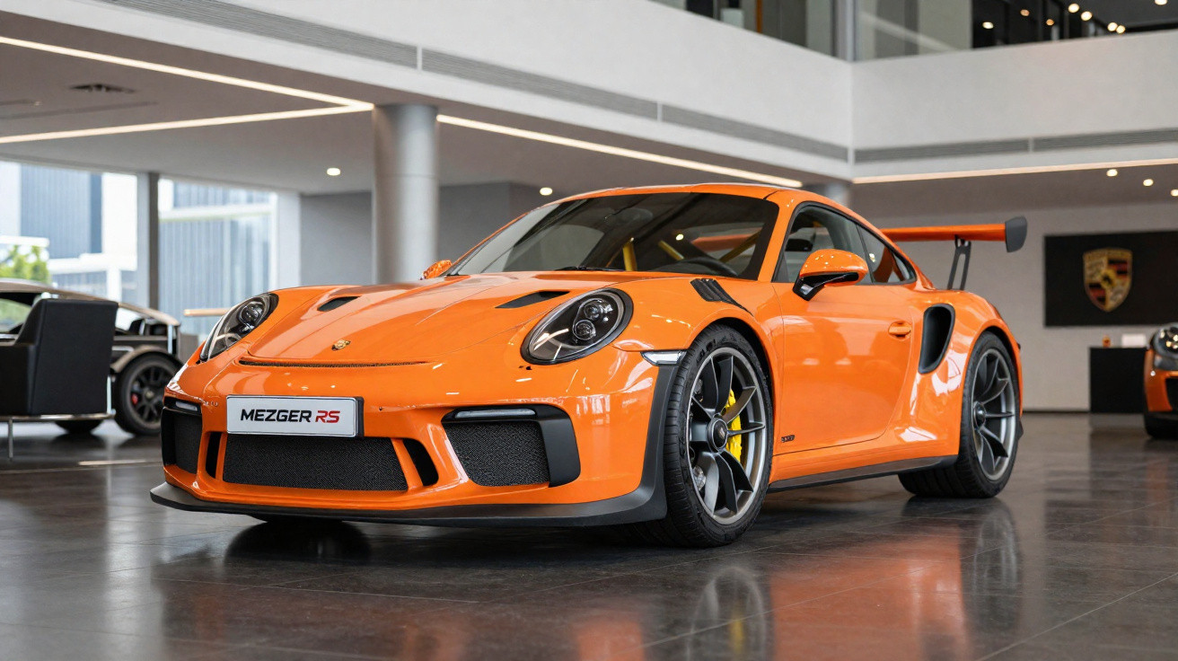 Carro esportivo Porsche 911 GT3 RS laranja exibido em showroom moderno e iluminado.