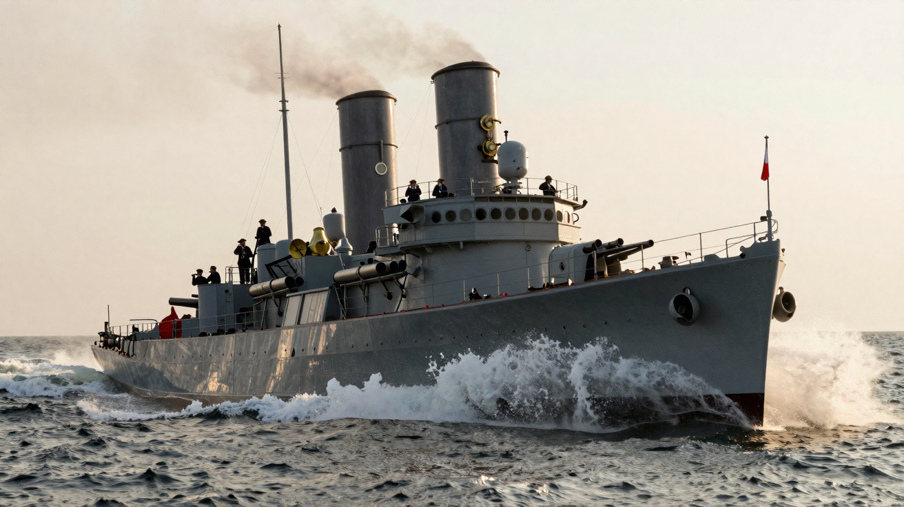 Navio de guerra antigo navegando em mar agitado com duas chaminés emitindo fumaça e tripulantes à bordo.
