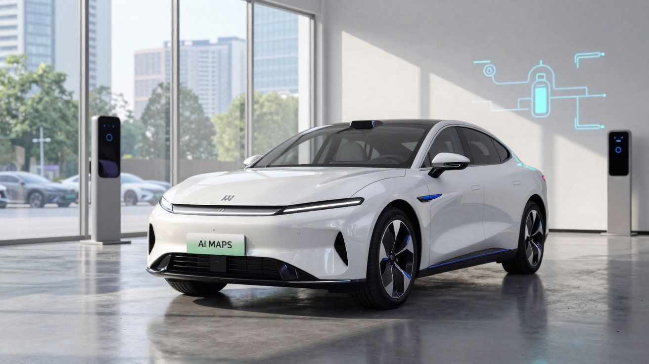 Carro elétrico branco estacionado em showroom moderno com painéis solares na parede e placas de carregamento.