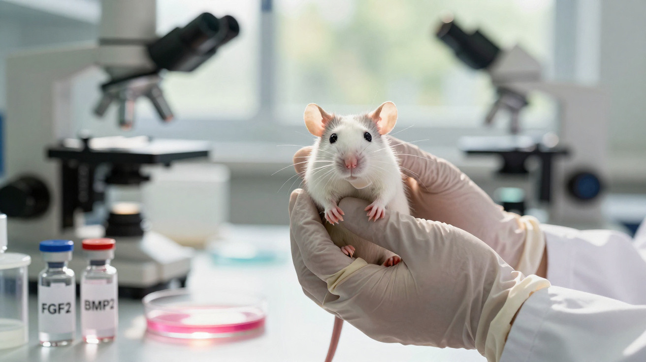 Mão com luva segura rato branco em laboratório com microscópios e frascos ao fundo.