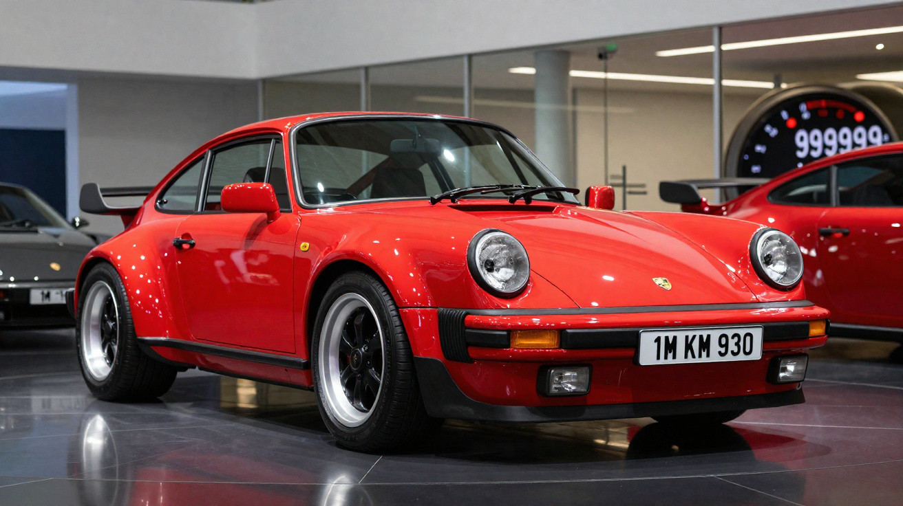 Carro esportivo Porsche 911 vermelho clássico estacionado em ambiente interno com luzes refletidas no capô.