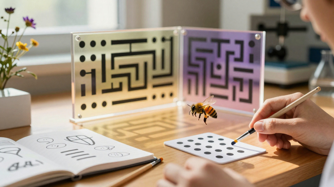 Pessoa usando pincel para encorajar abelha a passar por labirintos em mesa com caderno de desenhos e flores.