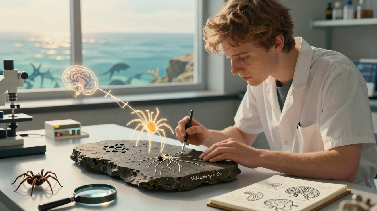 Jovem cientista estudando aranha em laboratório com lupa, microscópio e ilustração de cérebro e aracnídeo.