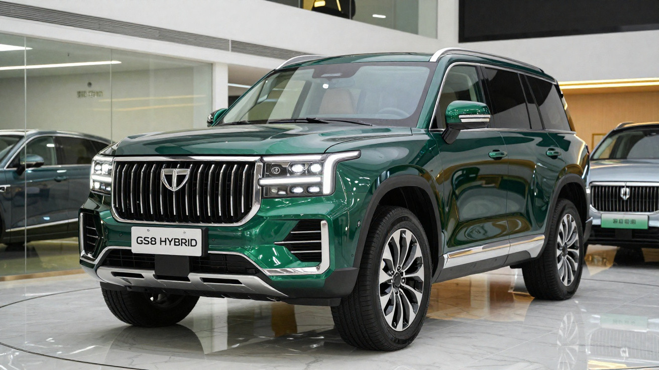 Carro SUV verde metálico GS8 Hybrid exibido em showroom moderno com piso de mármore.