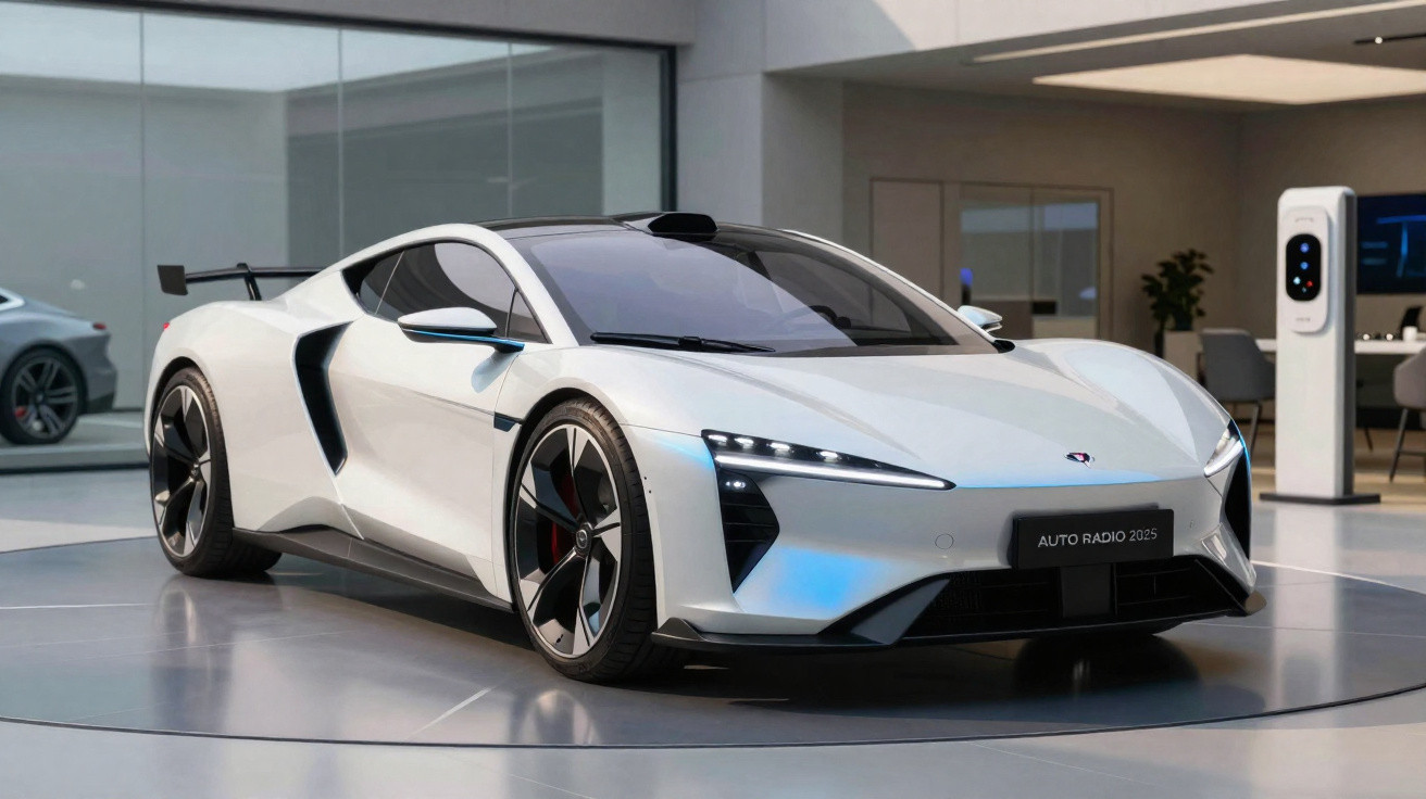 Carro esportivo branco elétrico com design futurista exibido em showroom moderno.
