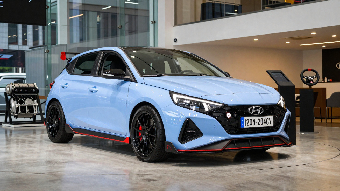 Carro Hyundai hatchback azul claro com detalhes em preto e vermelho em showroom moderno.