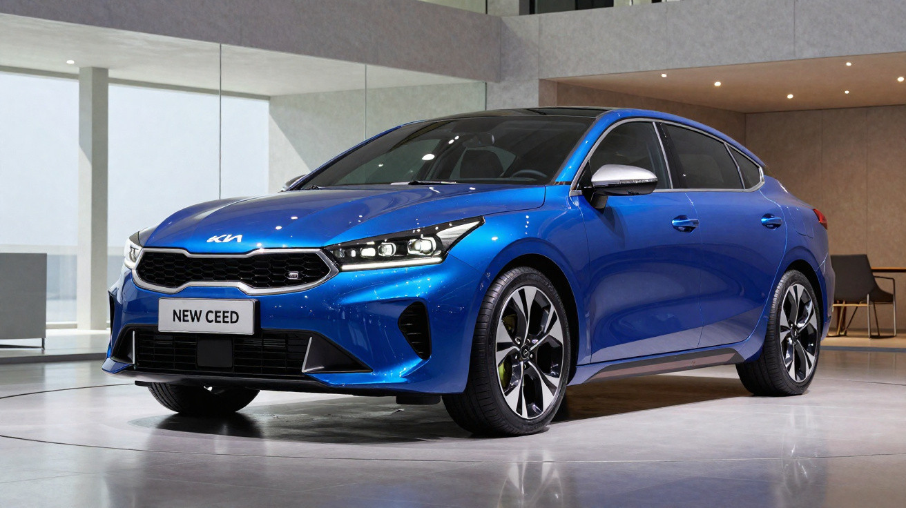 Carro azul Kia New Ceed exibido em ambiente interno moderno com piso refletivo e luzes de teto.