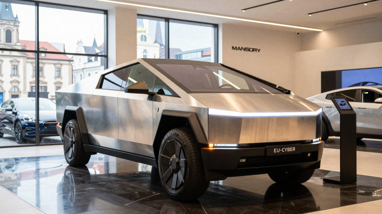 Carro elétrico futurista Tesla Cybertruck em acabamento metálico exposto em showroom moderno.