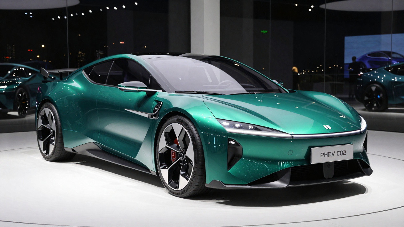 Carro esportivo elétrico verde metálico PHEV CO2 exposto em ambiente moderno e iluminado.