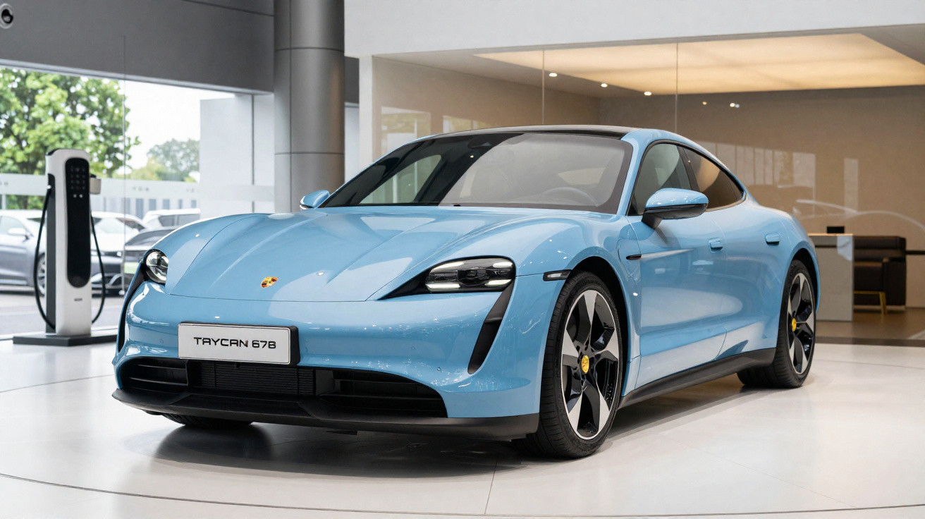 Carro esportivo elétrico azul Porsche Taycan 678 exposto em showroom moderno.