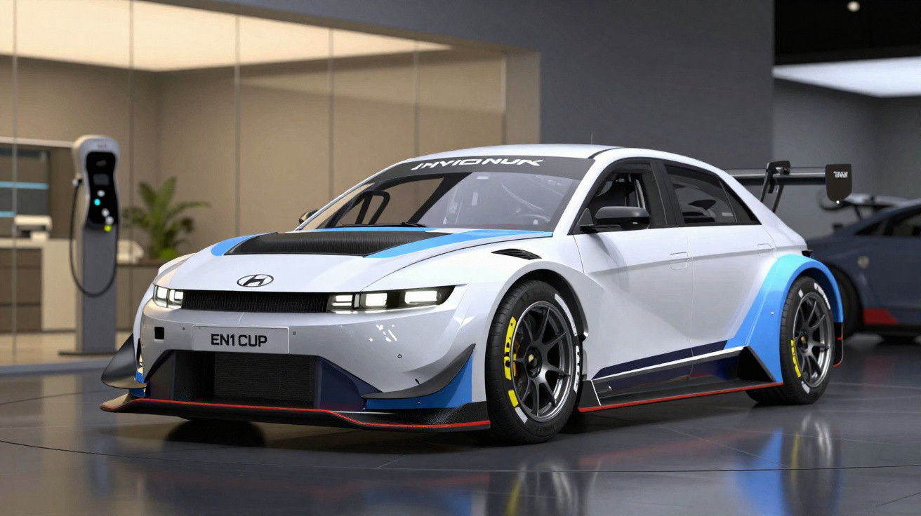 Carro de corrida elétrico Hyundai branco com detalhes azuis em ambiente interno com carregador ao fundo.