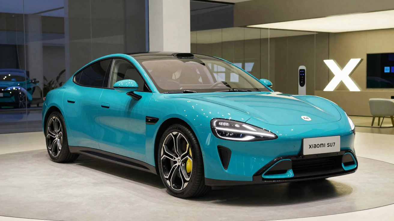 Carro elétrico azul modelo Xiaomi SU7 exibido em ambiente interno moderno com iluminação indireta.
