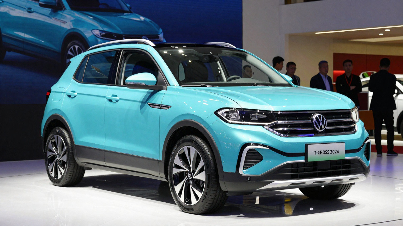 Carro Volkswagen T-Cross 2024 azul exibido em salão automotivo com pessoas ao fundo.