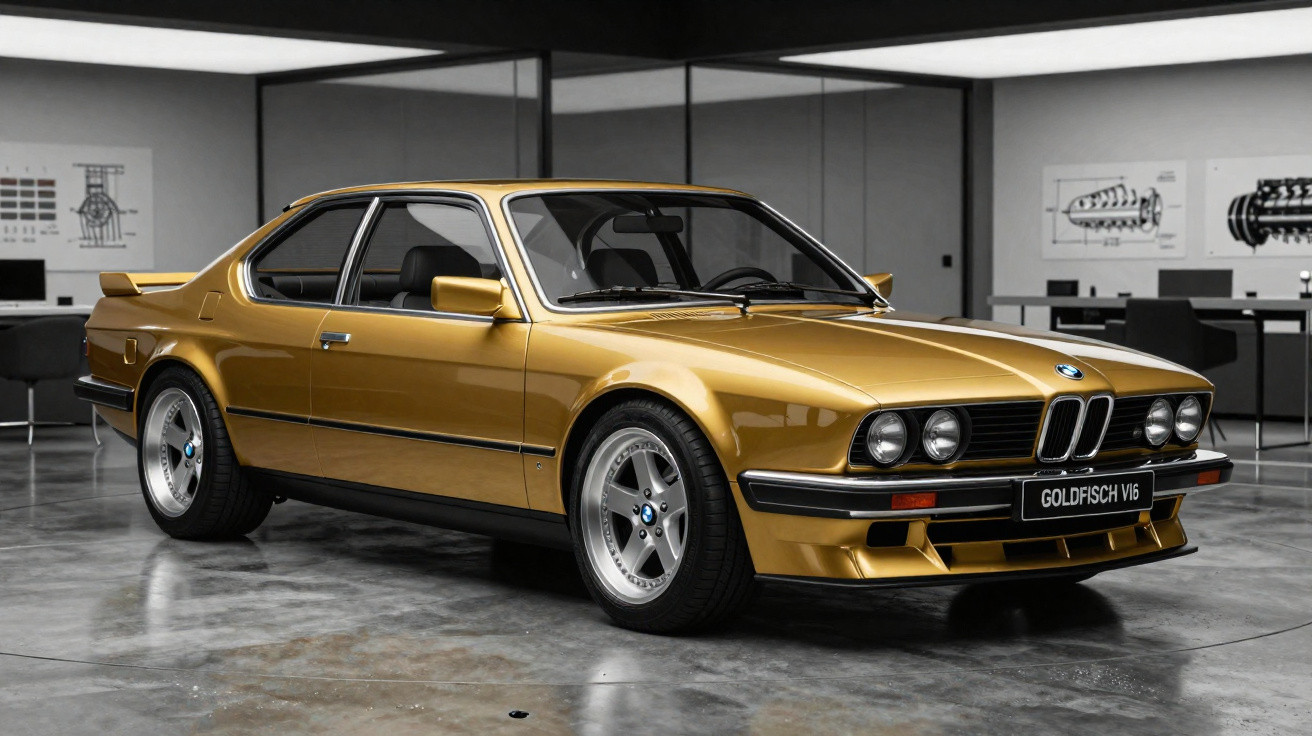 Carro clássico BMW dourado modelo Goldfisch V16 estacionado em garagem moderna.
