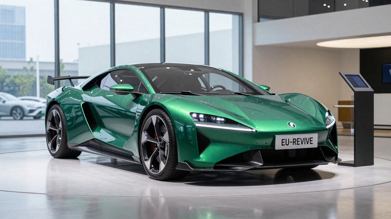 Carro esportivo verde metálico com design aerodinâmico exibido em showroom moderno e iluminado.