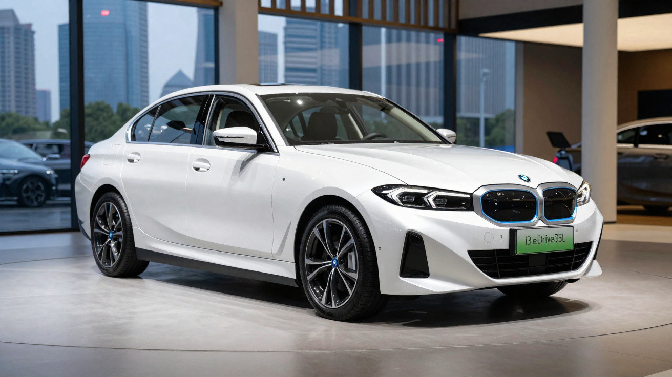 Carro BMW elétrico branco modelo i3 eDrive35L exibido em salão com prédios ao fundo.
