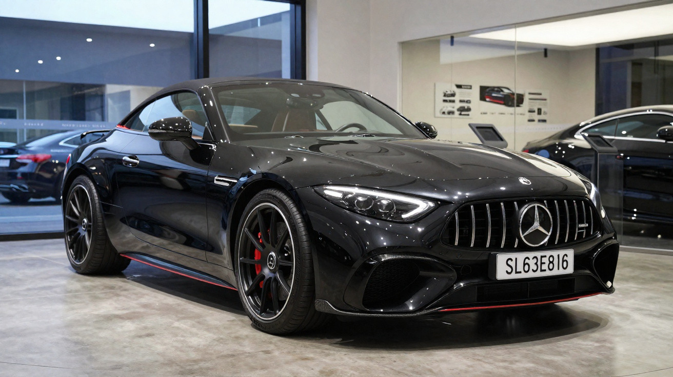 Carro esportivo Mercedes-Benz preto estacionado em showroom com piso de concreto polido.