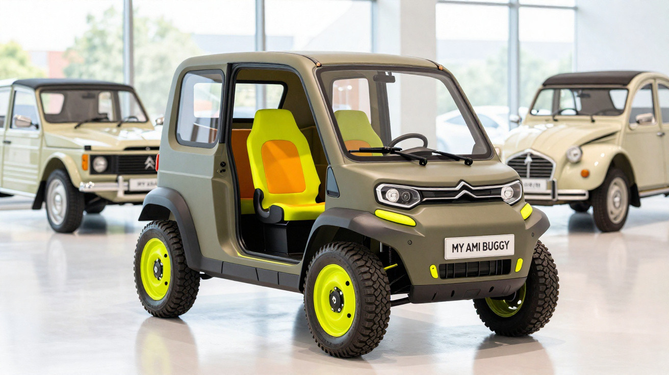 Carro elétrico compacto Citroën My Ami Buggy verde com bancos amarelos em exposição interna.