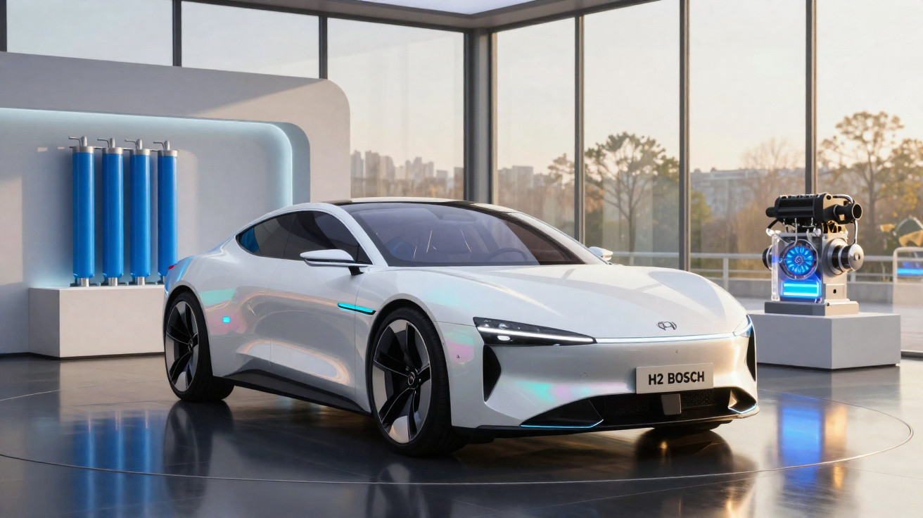Carro esportivo elétrico branco em exposição interna com motor e cilindros azuis ao fundo.