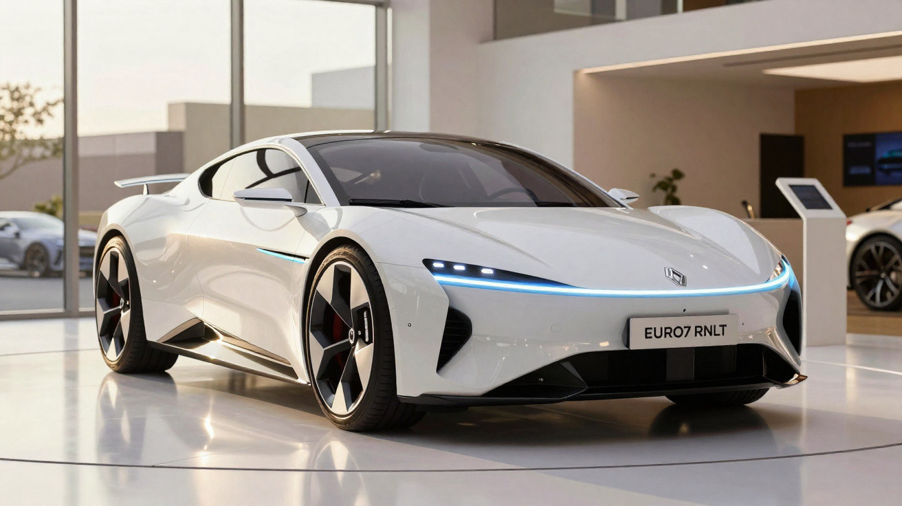 Carro esportivo elétrico branco, estilo futurista, exibido em showroom moderno com luz natural.