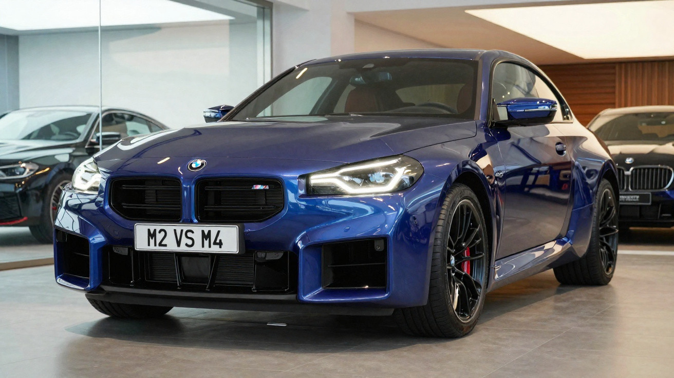 Carro esportivo BMW azul exposto em concessionária com placa personalizada M2 VS M4.