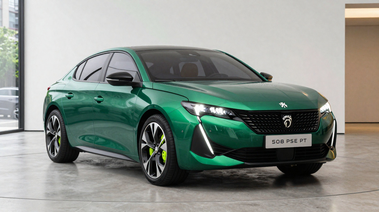 Carro sedan verde Peugeot 508 PSE PT estacionado em showroom com piso cinza e iluminação natural.