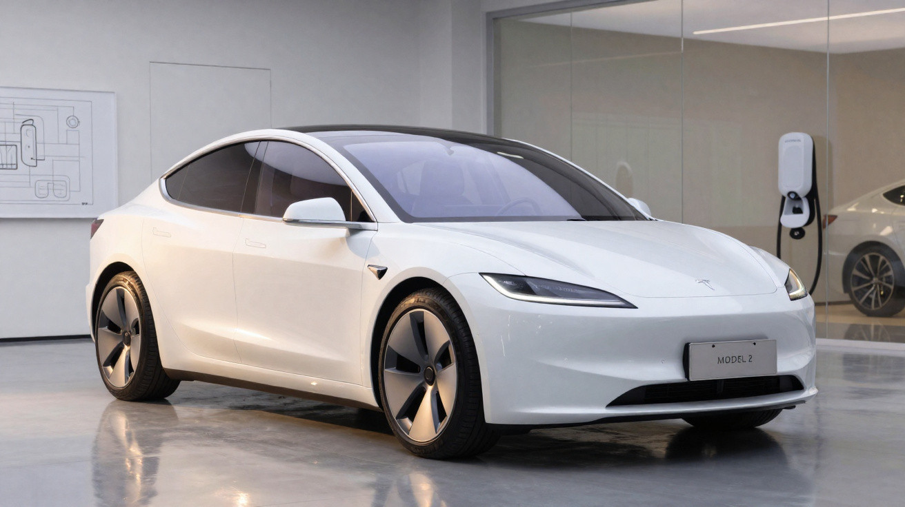 Carro elétrico branco Tesla Model 2 estacionado em showroom com estação de carregamento ao fundo.