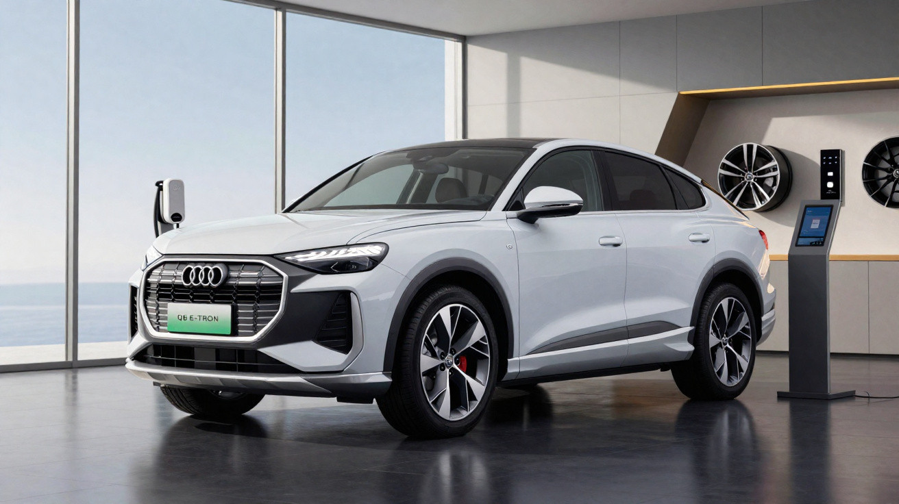 Audi Q4 e-tron branco estacionado em showroom moderno com carregador elétrico à esquerda.