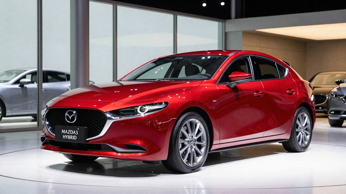 Carro Mazda3 Hybrid vermelho exposto em salão de automóveis com iluminação interna.