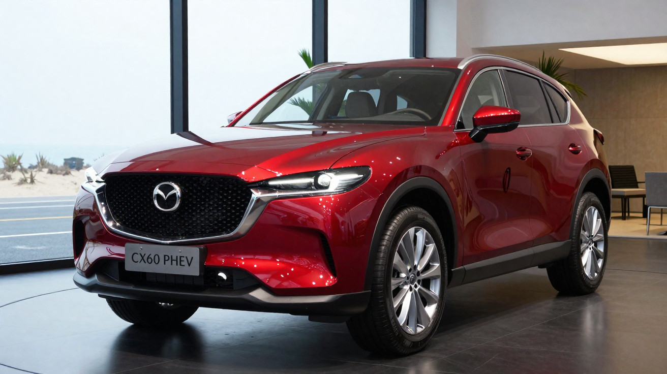 SUV Mazda CX60 PHEV vermelho em exposição em ambiente interno com janelas grandes e luz natural.