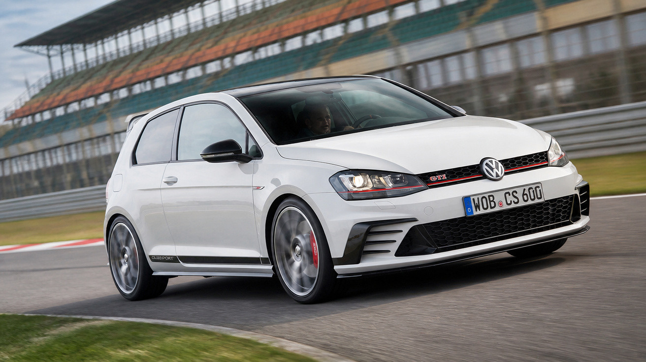 Volkswagen Golf GTI branco em alta velocidade em pista de corrida com arquibancadas ao fundo.
