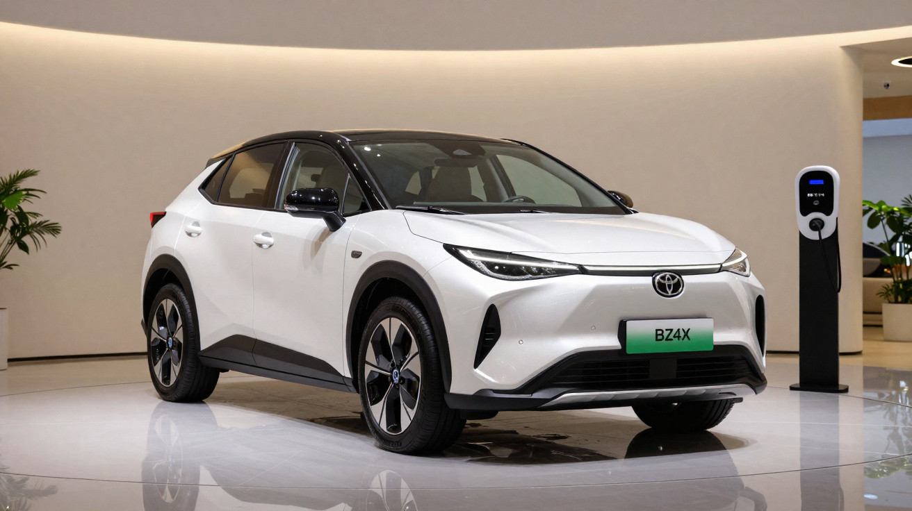 Carro elétrico branco Toyota BZ4X estacionado em ambiente interno próximo a carregador elétrico.