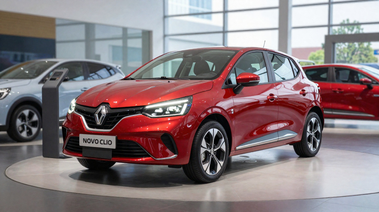Carro vermelho Renault Novo Clio em destaque dentro de showroom moderno com outras viaturas ao fundo.