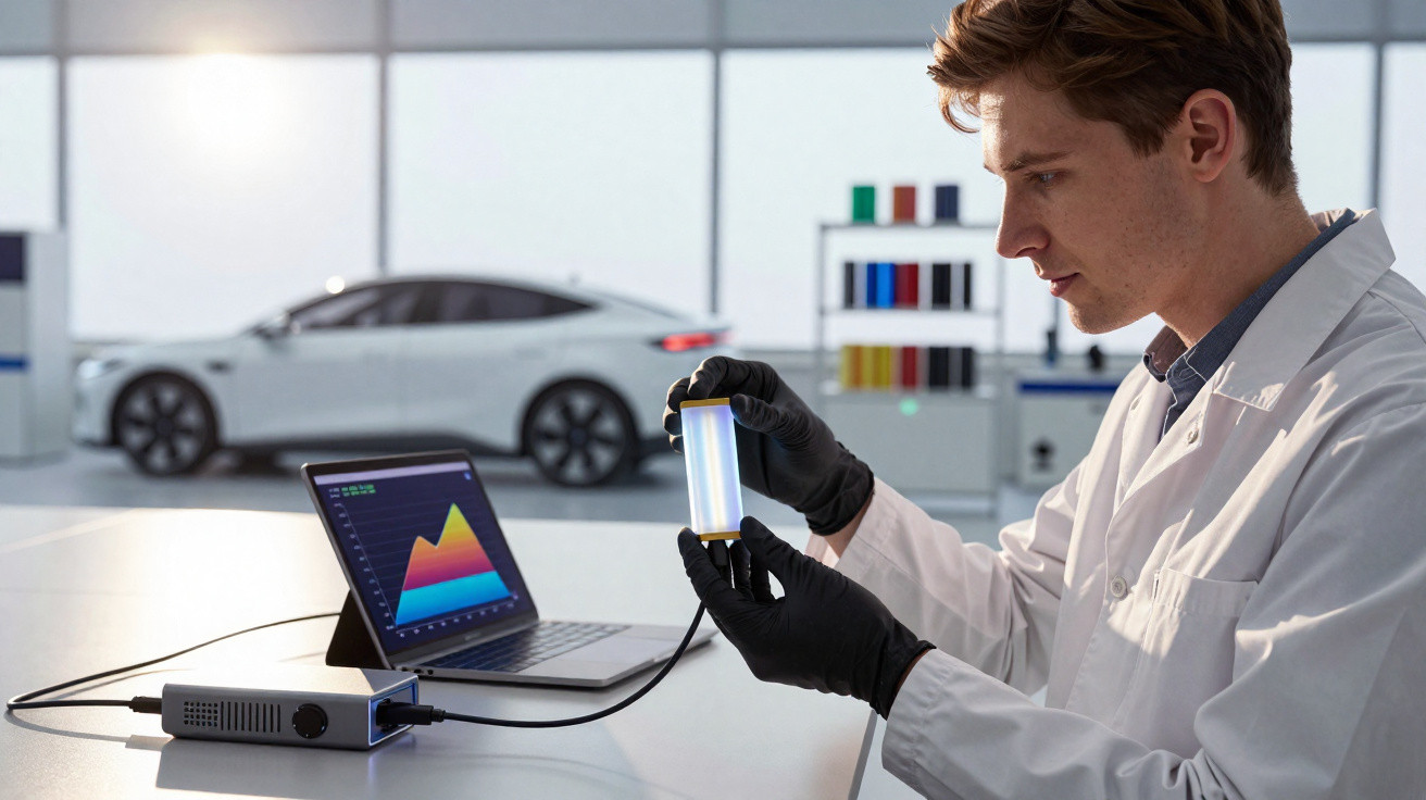 Homem com jaleco e luvas analisa amostra luminosa em laboratório com carro elétrico ao fundo.