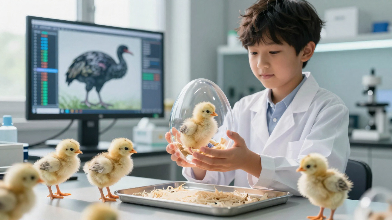 Criança em laboratório segurando ovo transparente com pintinho, com outros pintinhos e computador ao fundo.