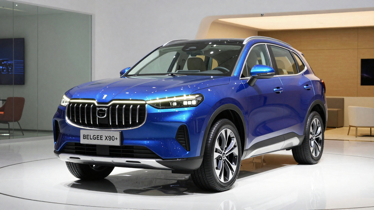 Carro SUV azul metálico Belgee X90+ exibido em ambiente interno moderno.