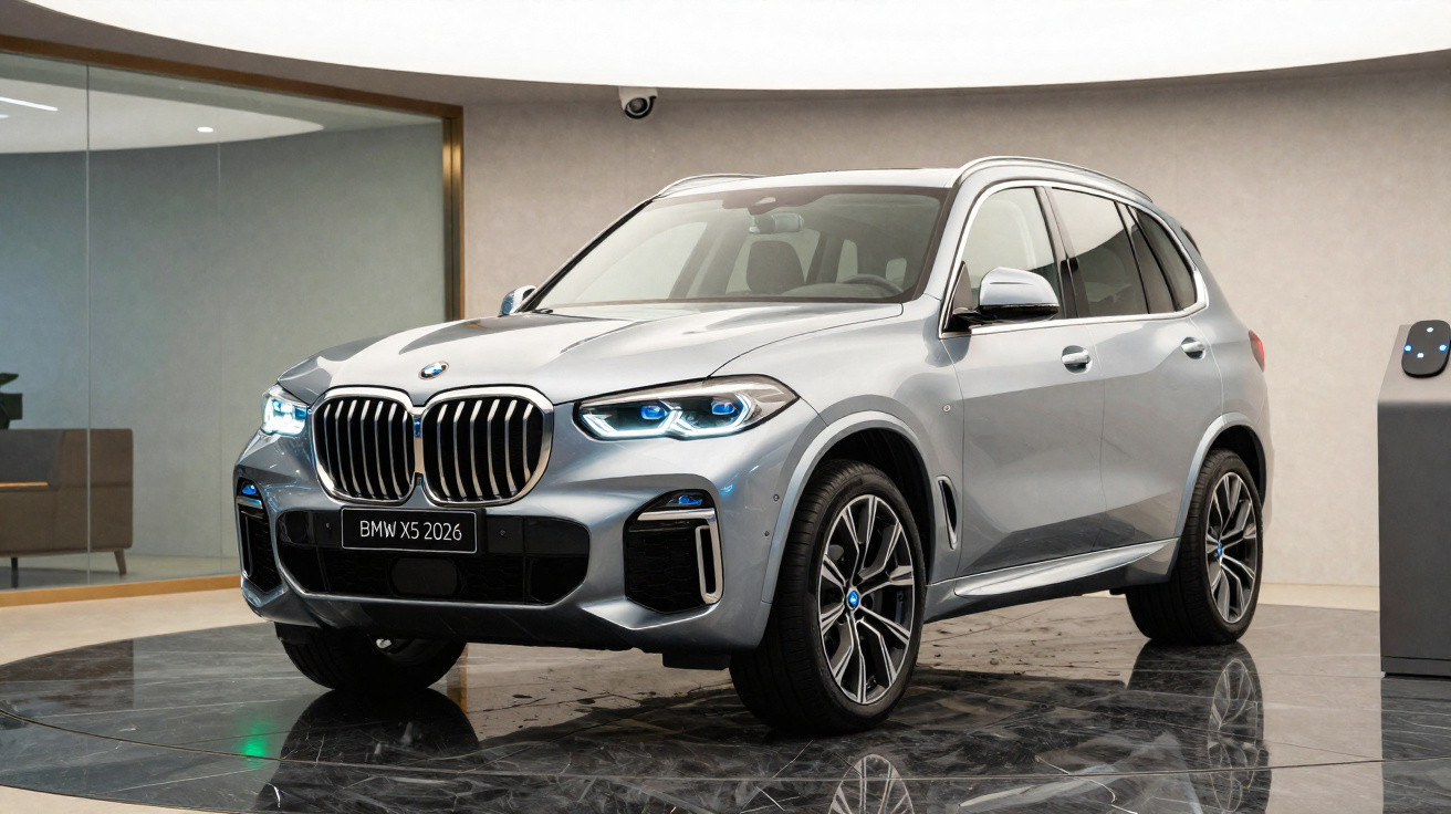 BMW X5 prata 2026 em showroom com design moderno e faróis acesos.
