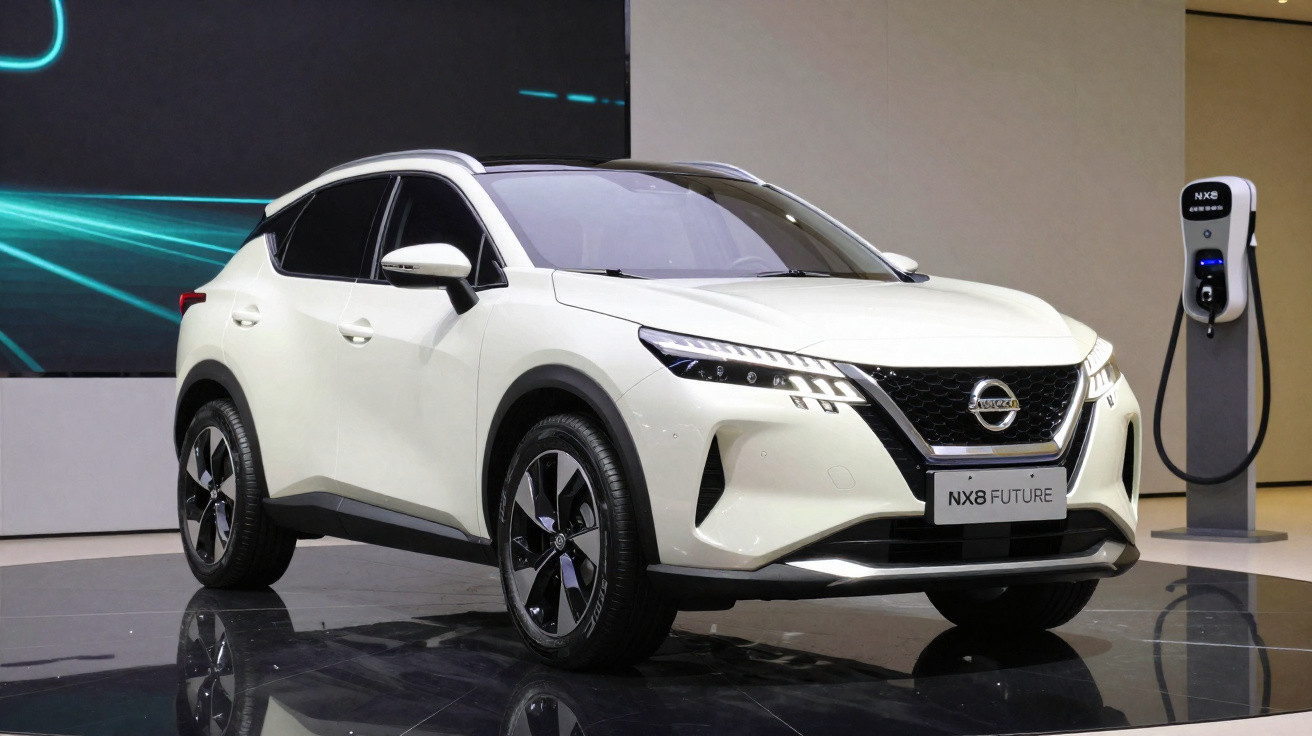 Carro elétrico branco Nissan NX8 Future exibido em salão, com estação de recarga ao lado.