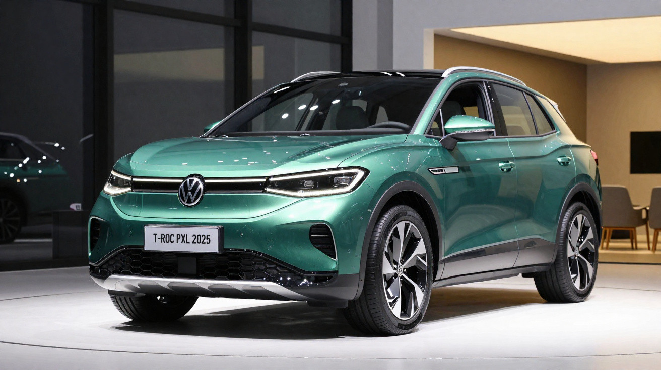 Carro Volkswagen T-Roc PXL 2025 verde em exposição interna com rodas grandes e design moderno.
