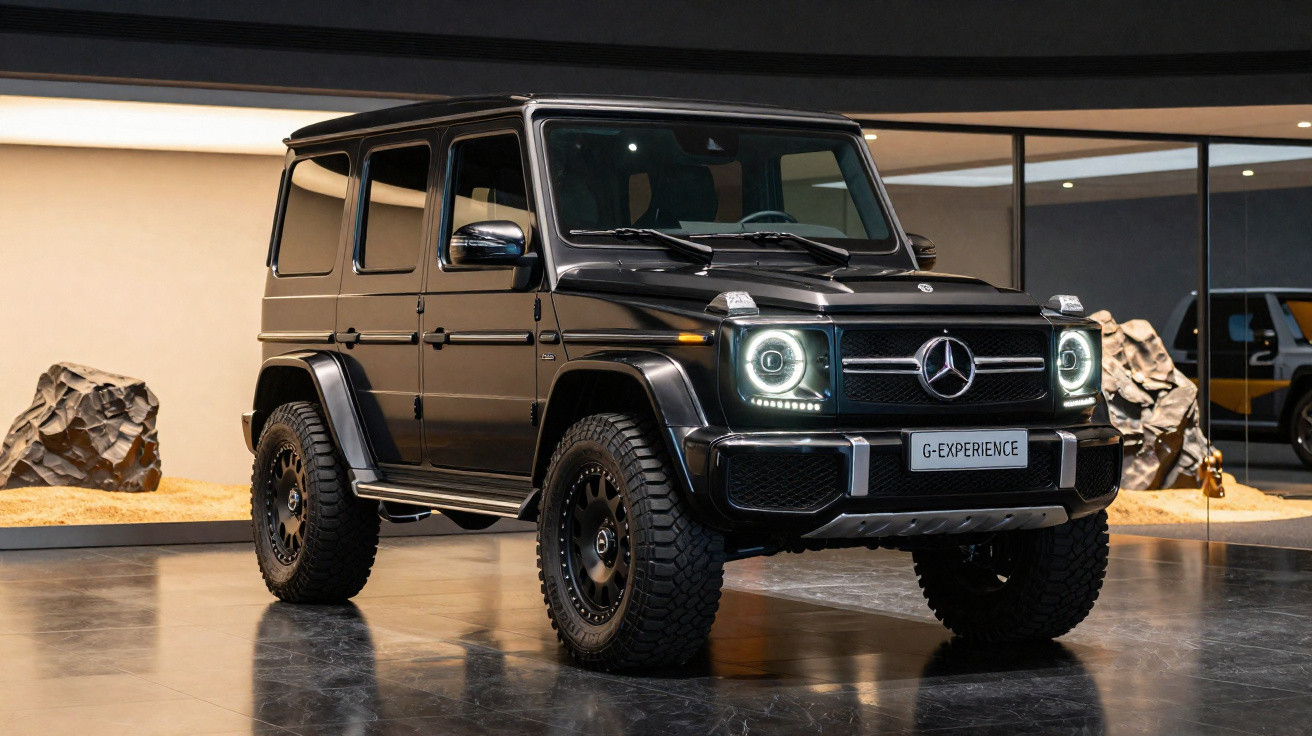 Mercedes-Benz G-Class preta estacionada em ambiente interno com destaque para faróis acesos.