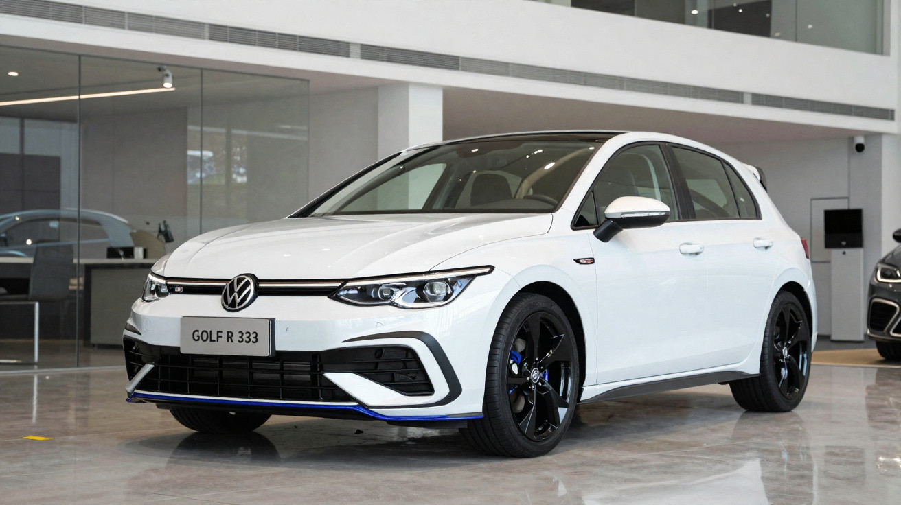 Volkswagen Golf R 333 branco estacionado em showroom moderno com piso brilhante.