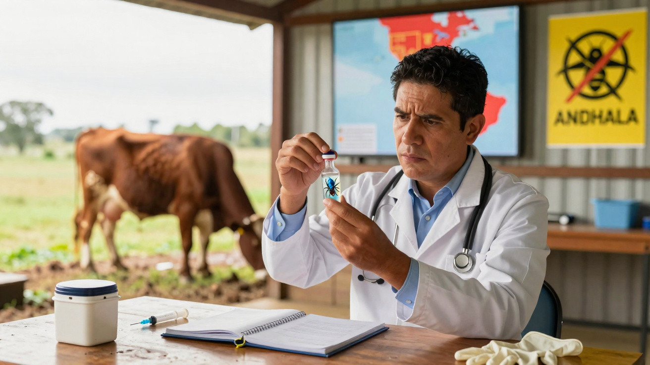 Veterinário analisa amostra em frasco com vaca ao fundo em ambiente rural coberto.