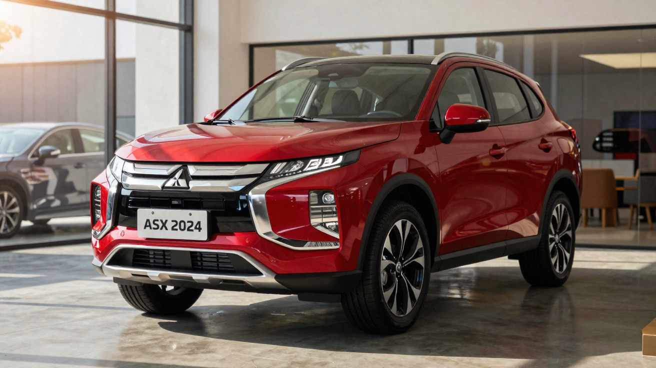 SUV vermelho Mitsubishi ASX 2024 estacionado em showroom moderno e iluminado.