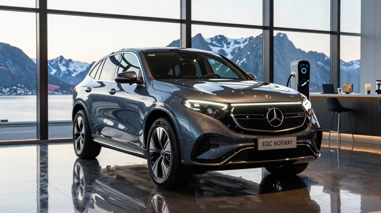 Carro elétrico Mercedes EQC em showroom moderno com janelas grandes e vista para montanhas nevadas.