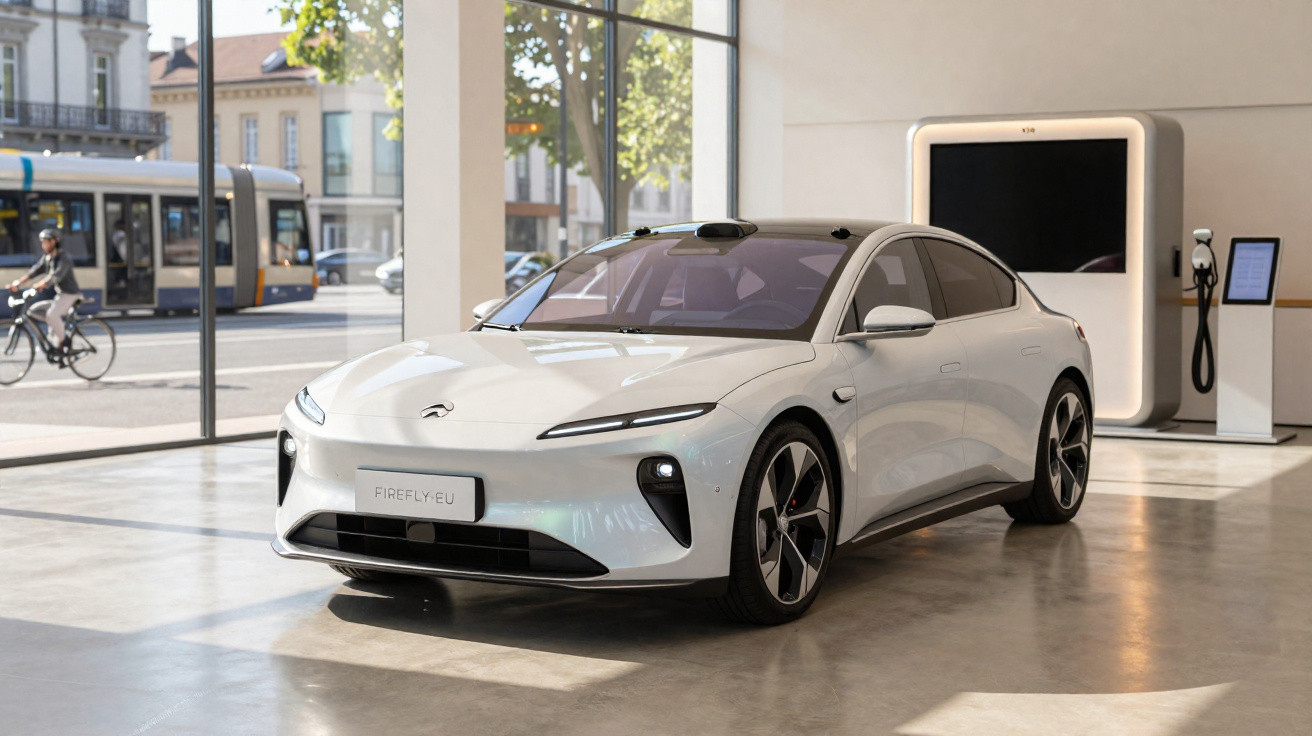 Carro elétrico branco estacionado em showroom moderno com estação de recarga ao fundo.