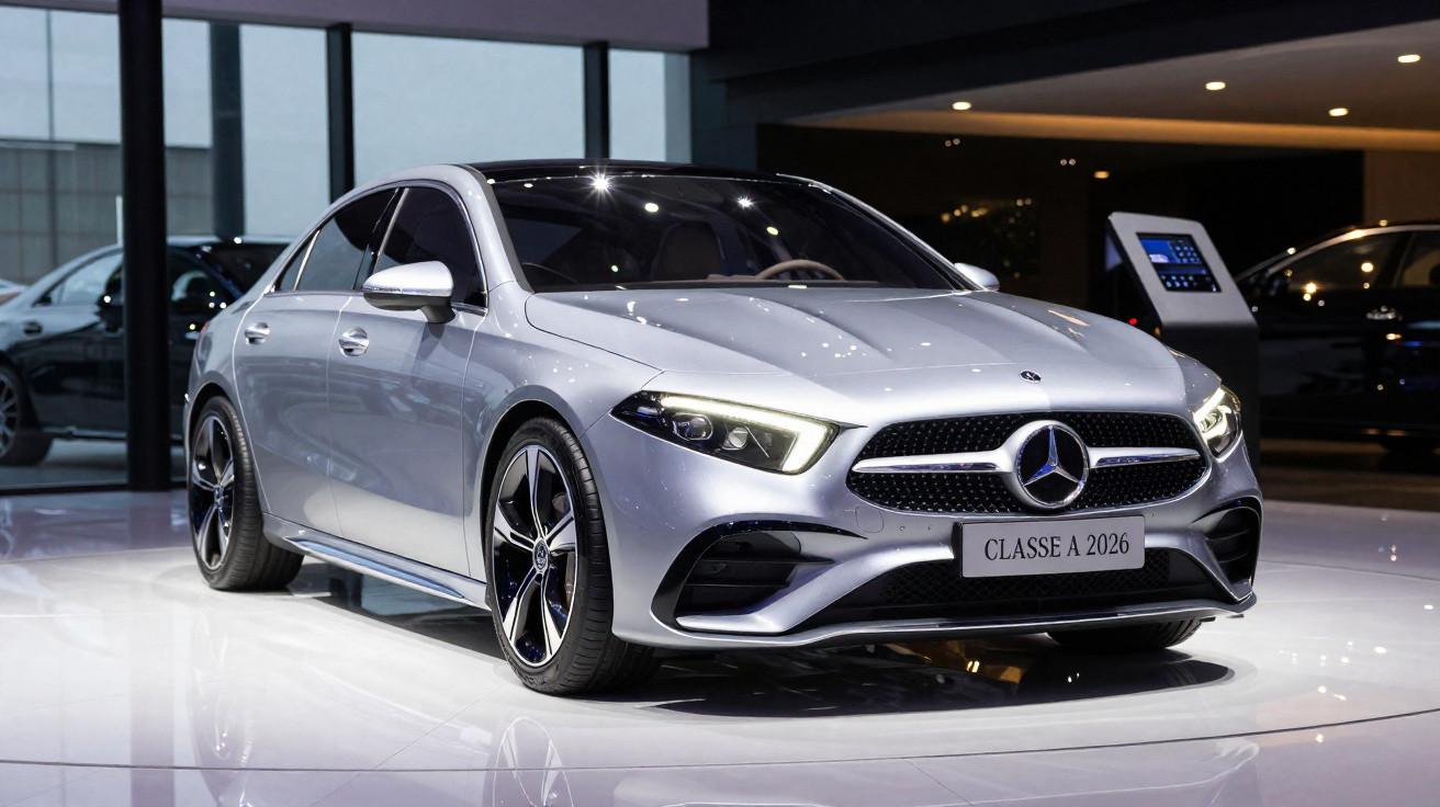 Carro prata Mercedes-Benz Classe A 2026 em exposição interna com iluminação destacando detalhes do veículo.