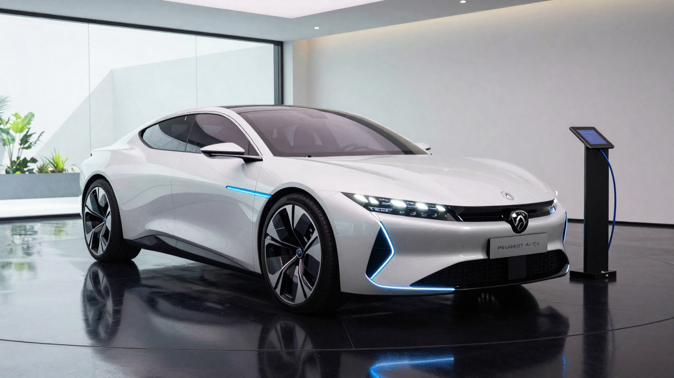 Carro elétrico esportivo branco da Peugeot estacionado em ambiente interno moderno, conectado a um carregador.