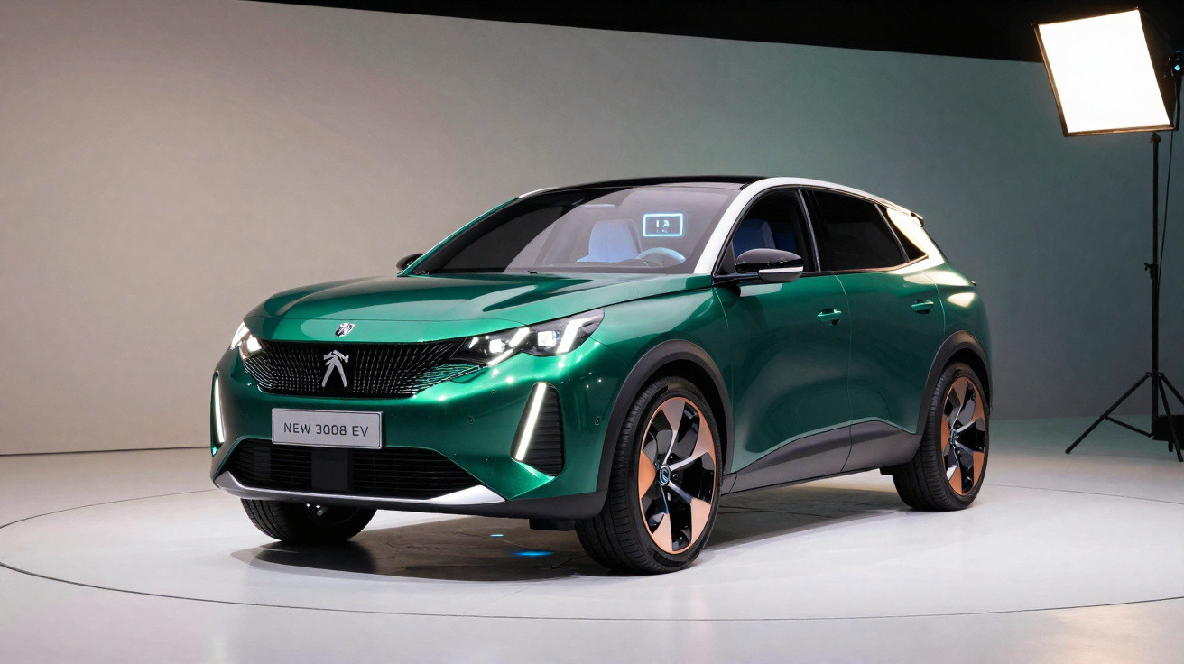 Carro elétrico Peugeot 3008 EV verde em estúdio com iluminação profissional ao fundo.